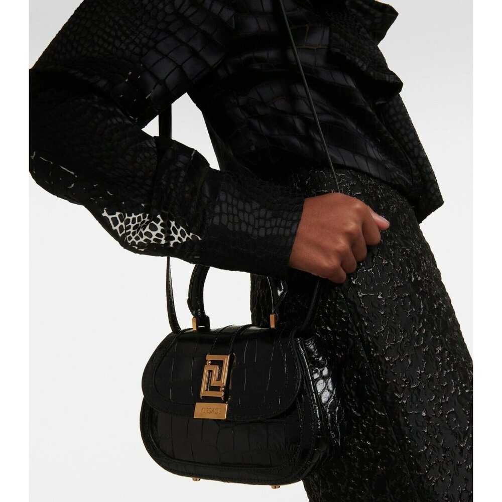 Versace Greca Goddess Croc-Embossed Top Handle Mini Bag in Black Calfskin - Picture 4 of 13